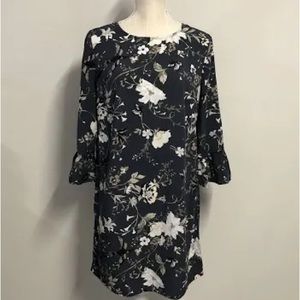 OLD NAVY GREY FLORAL DRESS WITH 3/4 LENGTH BELL SLEEVES